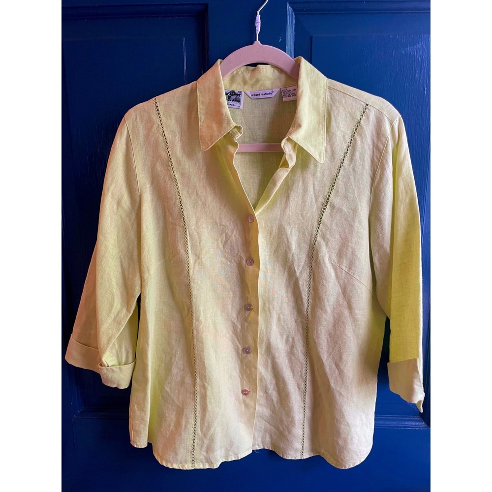 Irish Linen Button Up Shirt Citron Yellow Ladder Stitch L Richard Malcolm